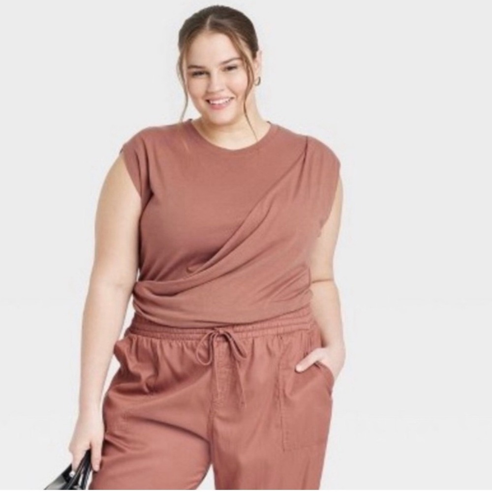 A New Day Muscle Tee Women 2X Brown New Asymmetrical Draped Front Sleeveless Top